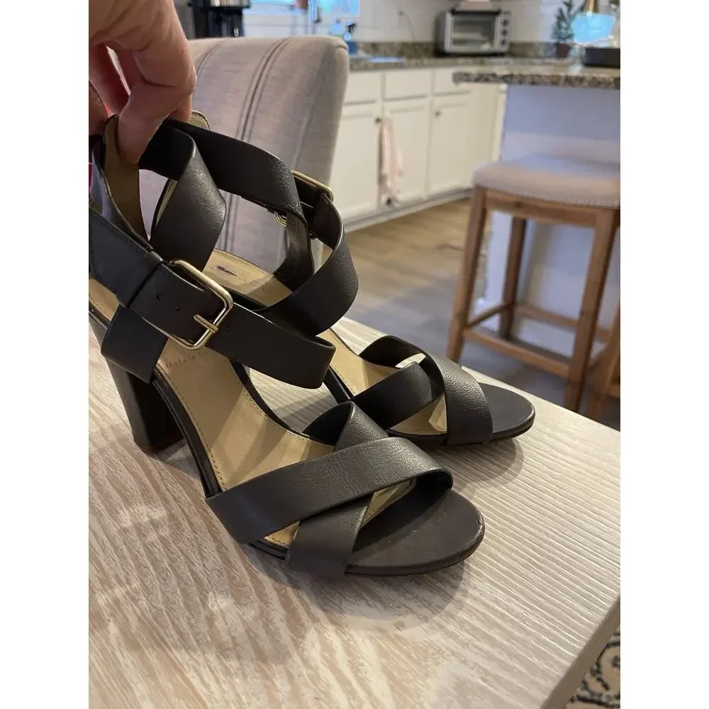 J.Crew Women’s Mari Leather Heeled Sandal in Dusty Charcoal Gray Size 7 Ret $228
